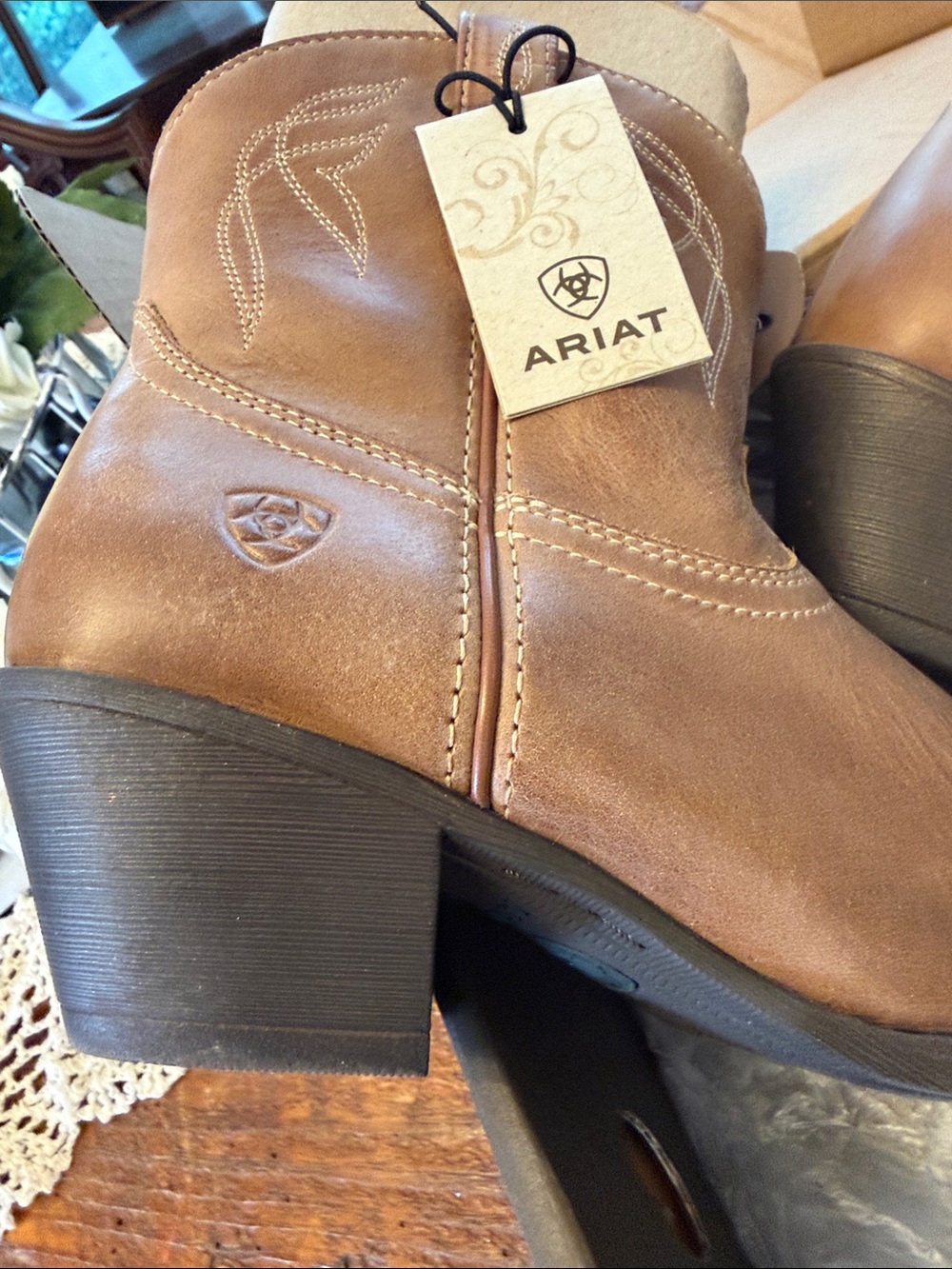 Ariat Brown Leather Western Ankle Booties with Stacked Heel - Picture 9 of 10